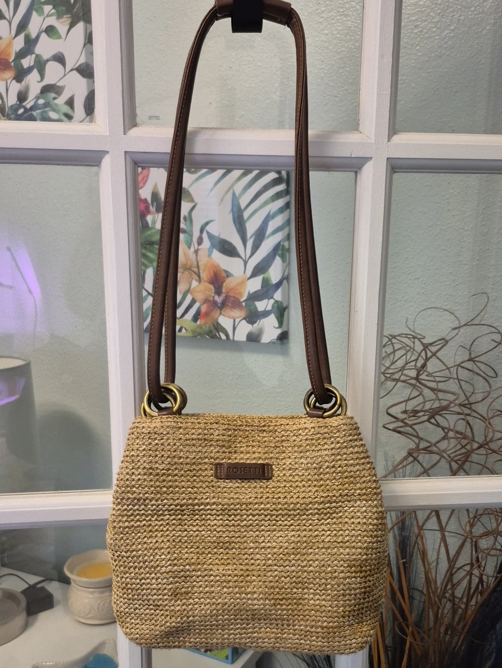 Rosetti Straw Shoulder Bag with Brown Straps and Gold Hardware